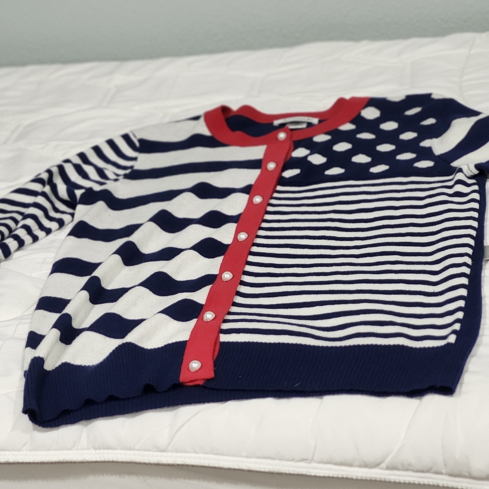 Serengeti Red White And Blue Polka Dot And Striped Cardigan Sweater Size M - Picture 2 of 7